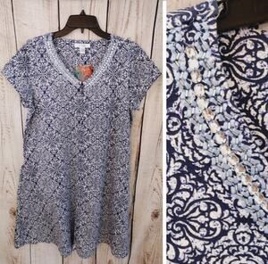 Go Softly NEW Patio Dress in Blue Tile Print Gem & Bead Accents Women Medium